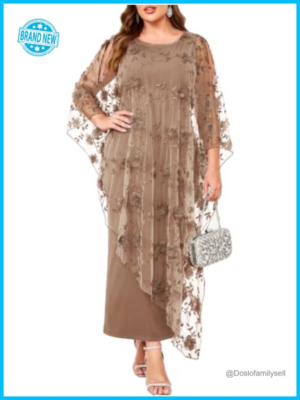 Plus Size 3D Floral Cape Maxi Dress Formal Evening Gown Wedding Guest
